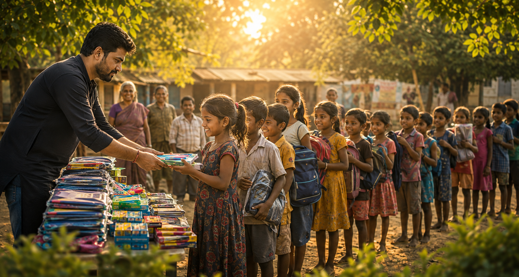 Families and volunteers gathered during a ration distribution